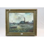 Framed Abstract Oil on canvas of an Industrial Harbour scene, signed "I.B 63", image approx 40 x