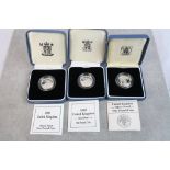 Three Silver Proof £1 Pound coins from the Royal Mint with COA's, 1987, 1989 & 1990