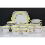 Shelley Art Deco Dinner and Tea Ware in yellow & grey to include twin handled Soup bowls