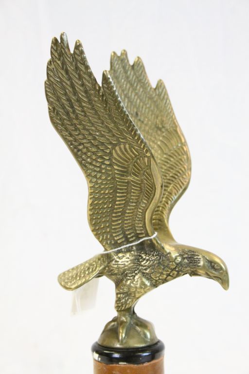 Pair of Brass Eagles with Wooden & Leather wrapped Column stands, approx 44cm tall in total - Image 2 of 4