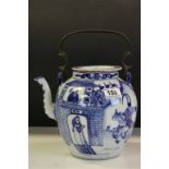 Vintage Oriental blue & white Ceramic Teapot with swing Metal handle & depicting Mounted Warriors