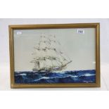 R W Underwood tall sailing ship in a rough see, signed and dated 1933, Mawsom Swan label verso,