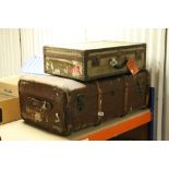 Vintage Wooden Bound and Canvas Covered Travelling Trunk and a Vintage Suitcase