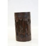 Japanese Bamboo Brush pot with carved decoration and standing approx 16cm
