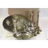 Quantity of silver plate to include candlesticks, trays, teapots etc