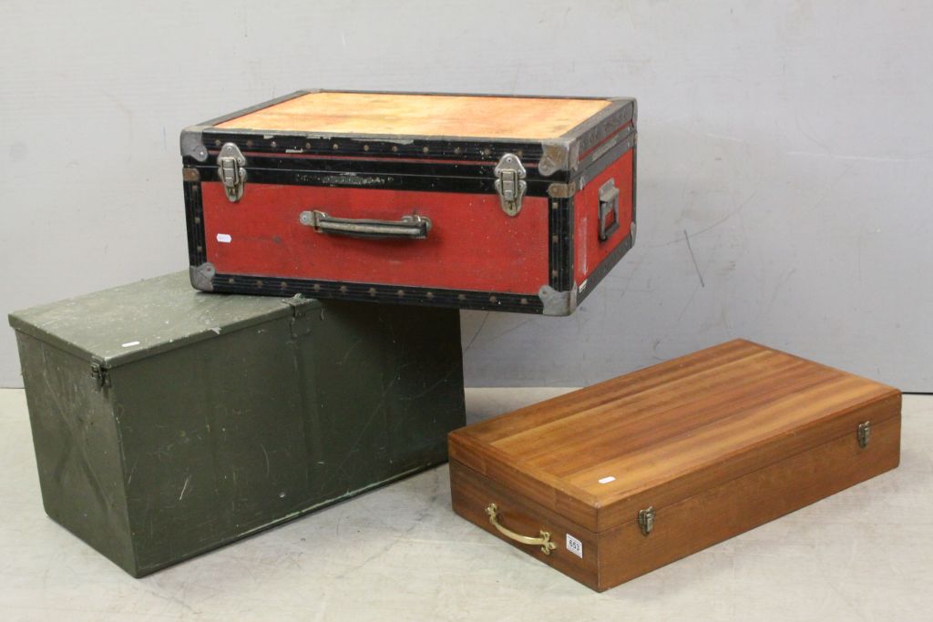 Red Trunk, Wooden Box and a Military Green Metal Trunk