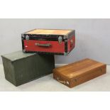 Red Trunk, Wooden Box and a Military Green Metal Trunk