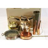 Quantity of brass and copper ware to include a trench art shell case dated 1916 with rams head