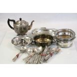 Quantity of silver plate to include a pair of bottle stands, flatware and a Walker & Paul chamber