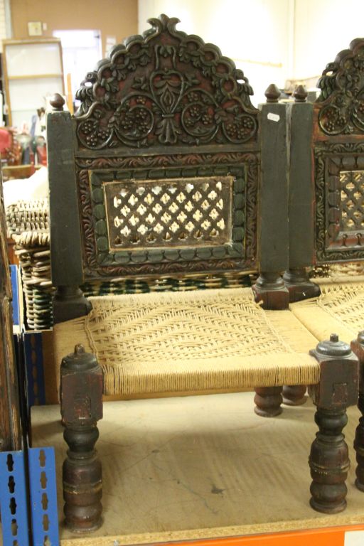 Pair of Tibetan Prayer Chairs with Heavily Carved Wooden Frames and Ropework Seats - Image 2 of 3
