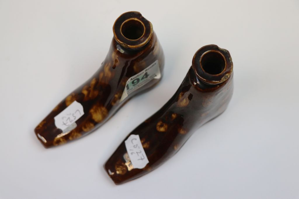 Pair of 19th Century Rockingham? pottery spirit flasks in the form of boots - Image 5 of 5