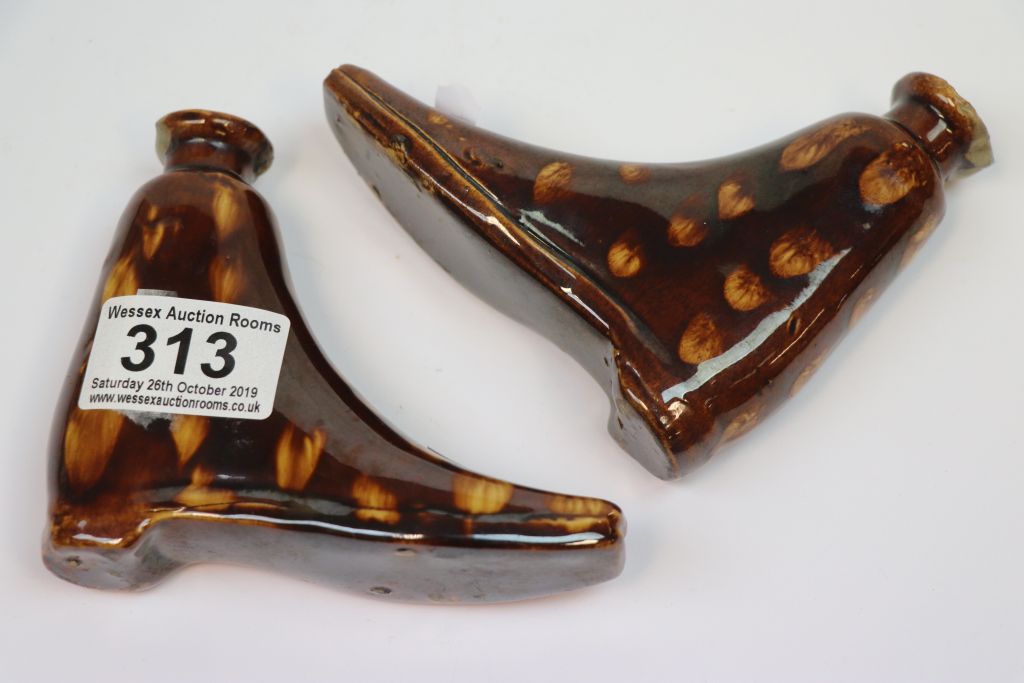 Pair of 19th Century Rockingham? pottery spirit flasks in the form of boots - Image 3 of 5