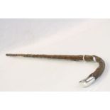 Rustic antique walking stick with silver mounted, hallmarks rubbed
