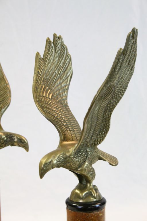 Pair of Brass Eagles with Wooden & Leather wrapped Column stands, approx 44cm tall in total - Image 3 of 4