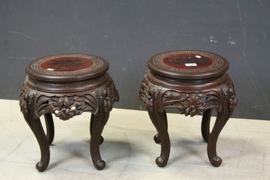 Pair of Chinese Carved Wooden Fish Bowl Stands, 37cms high