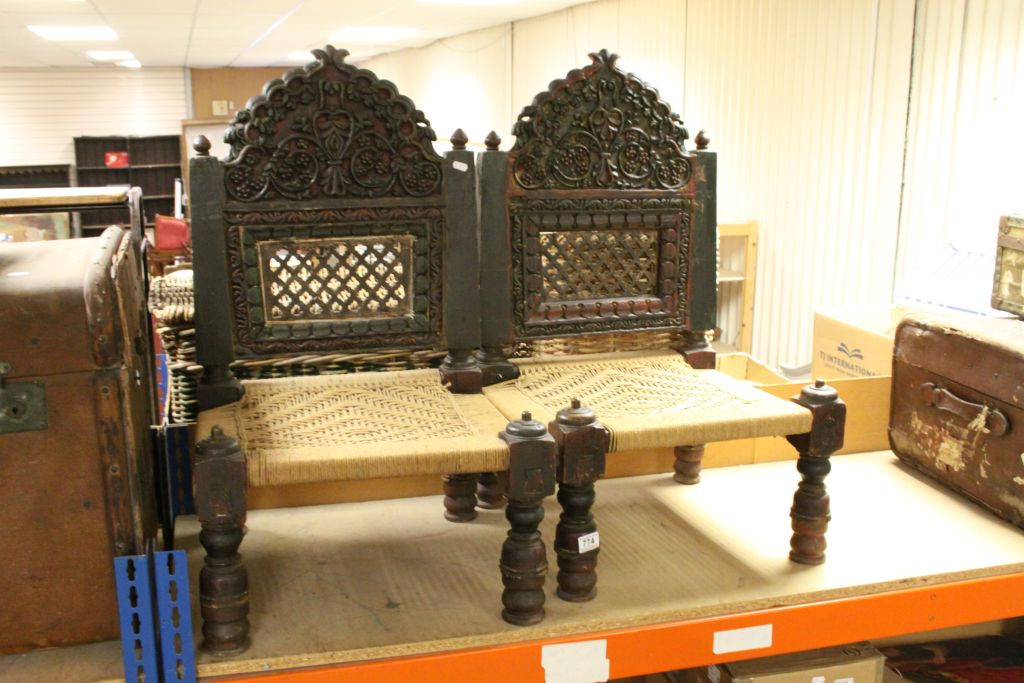 Pair of Tibetan Prayer Chairs with Heavily Carved Wooden Frames and Ropework Seats