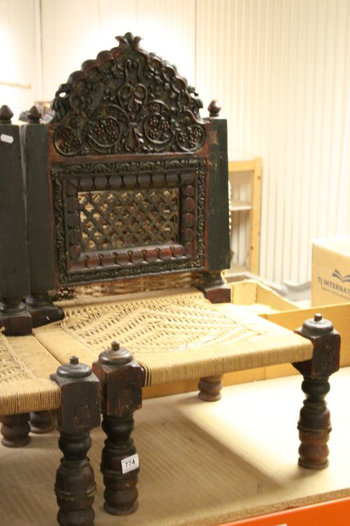 Pair of Tibetan Prayer Chairs with Heavily Carved Wooden Frames and Ropework Seats - Image 3 of 3