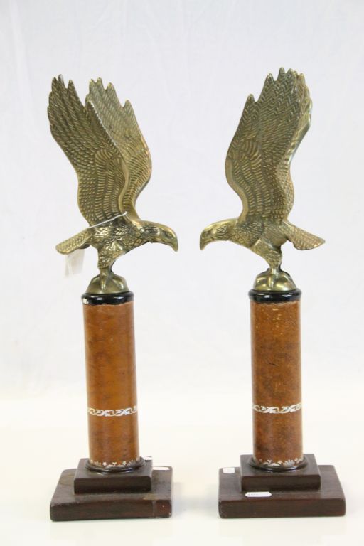 Pair of Brass Eagles with Wooden & Leather wrapped Column stands, approx 44cm tall in total