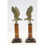 Pair of Brass Eagles with Wooden & Leather wrapped Column stands, approx 44cm tall in total