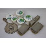 Hallmarked Silver Hand mirror & three Brushes plus an unmarked Floral decorated ceramic dressing