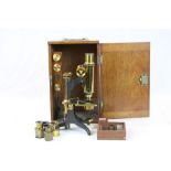 Vintage Mahogany cased Brass & Metal Microscope with Spare Lenses etc & brass carry handle to the