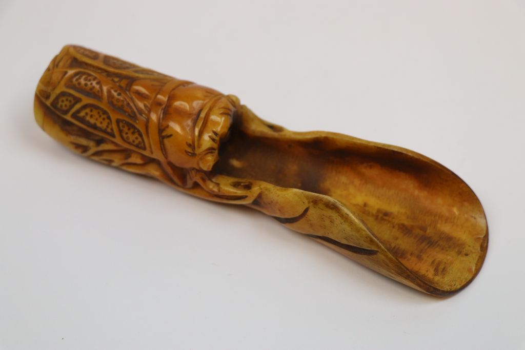 Bone scoop spoon / apple corer with handle in the form of a cicada