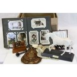 Box of mixed collectables to include Cased Silver plated Fruit knife & fork set with Mother of Pearl