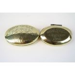 Two Brass Miners Tobacco tins, one marked "John Gully Somerton 1888" the other "A G David