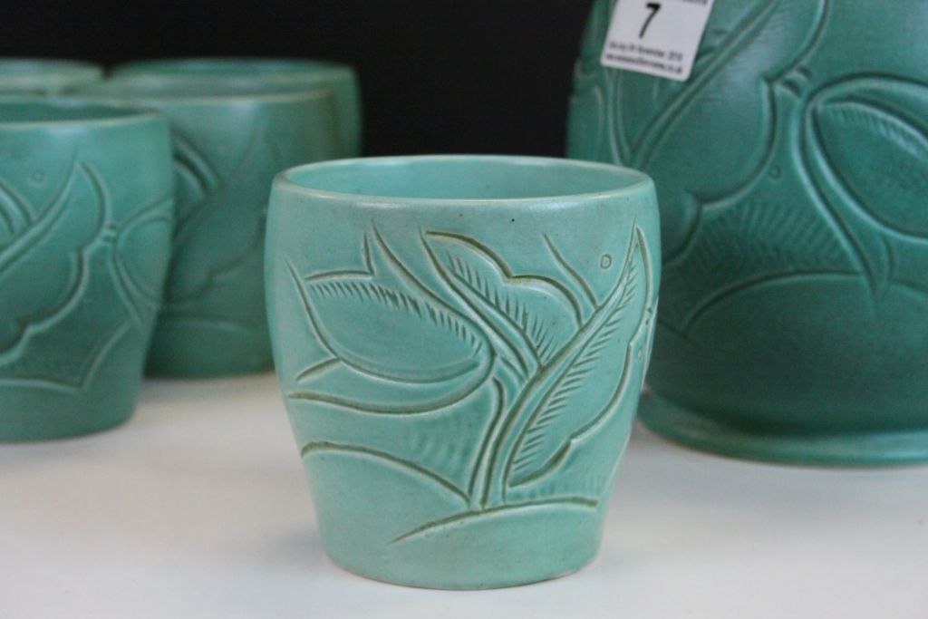 Susie Cooper Earthenware Lemonade jug & six beakers with carved Tulip decoration & matt green glaze, - Image 3 of 5