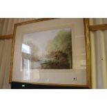 Bernard Banks - indistinctly signed watercolour of a hunter with dogs in a rural river setting