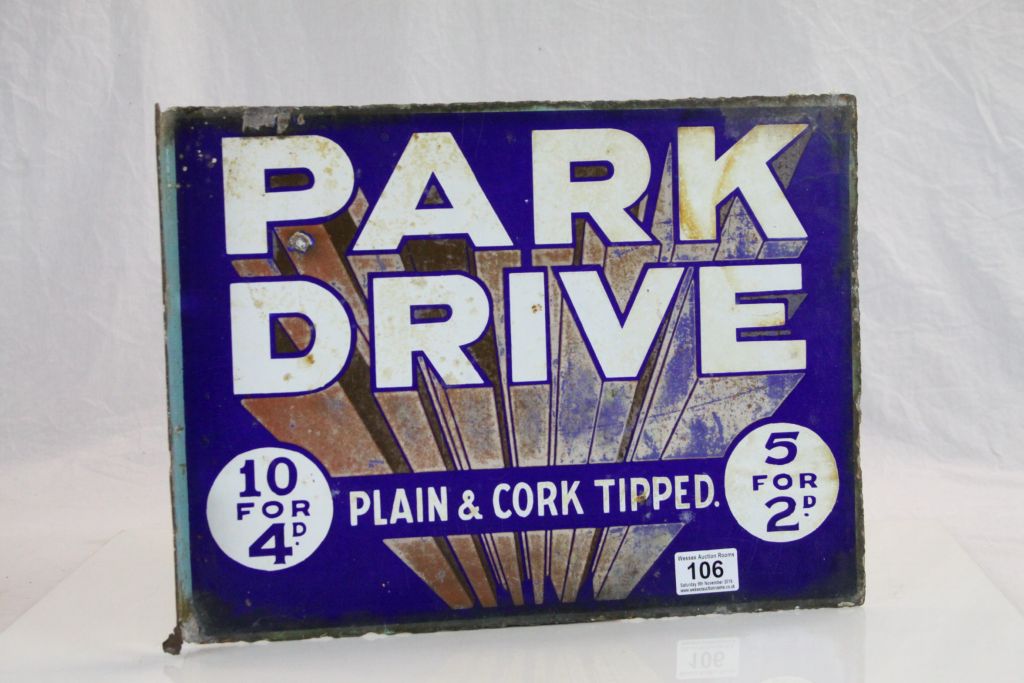 Vintage Enamel Double Sided Sign ' Park Drive, Plain & Cork Tipped '