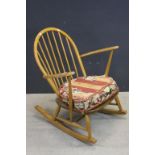 Ercol Pale Elm and Beech Hoop Back Rocking Chair, label to underside of seat