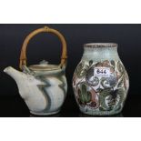 Glyn Colledge floral decorated ovoid vase, standing approx.18cm and a studio pottery tea pot with