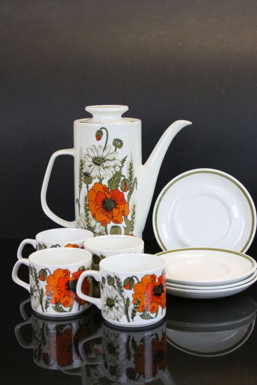 J & G Meakin four place Coffee set in Poppy pattern