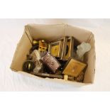 Box of mixed collectables including brass weights, miniature iron portrait medallions etc