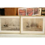 Two Framed And Glazed Prints Of Naval Battle Scenes By Maurice Randall. Measure Approx 29" x 22".