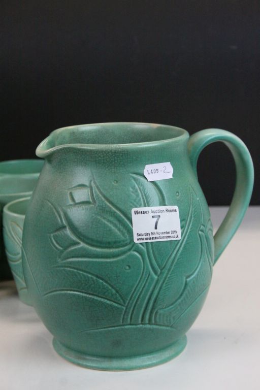 Susie Cooper Earthenware Lemonade jug & six beakers with carved Tulip decoration & matt green glaze, - Image 2 of 5