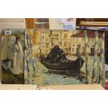 Two unframed impressionist oil paintings Venetian scene plus one other