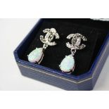 Pair of silver CZ and opal panelled designer style drop earrings