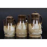 19th Century Doulton Lambeth Saltglaze Teapot Chocolate pot & Cream jug all with Harvest pattern,