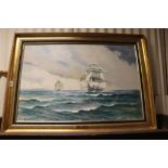 William H Issacs oil on canvas tall ships at sea signed and titled ON PATROL CORVETTE OF THE 80S