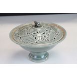 Celadon ceramic Pot Pourri bowl with lid & metal Frog finial, approx 18.5cm diameter