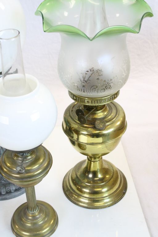 Three vintage Oil Lamps, one with painted blue Glass reservoir & white Glass shade, one with - Image 5 of 5