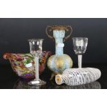 Group of glassware to include two glasses with air twist stems, Nailsea glass flask, Murano style