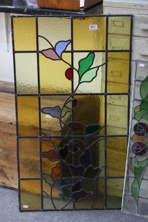 Three Leaded Stained Glass Panels with Floral Motifs, one x 105cms x 59cms and two x 84cms x 18cms - Image 2 of 3