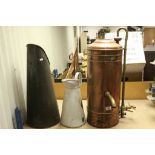 A vintage coal scutlle similar enamel jug and copper water heater.