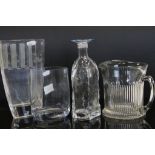 Three 20th century art glass vases and a cut glass ale jug