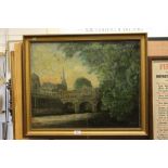 Gilt framed Oil on canvas of Pultney Bridge, Bath, signed B Moslea, image approx 51.5 x 65cm