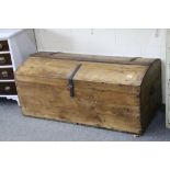 Antique Pine / Chestnut Large Dome Top Chest / Travelling Trunk with Iron Hinges and Carrying Handle