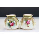 Pair of Royal Worcester Squat ceramic Vases with hand painted Rose decoration & marked to base